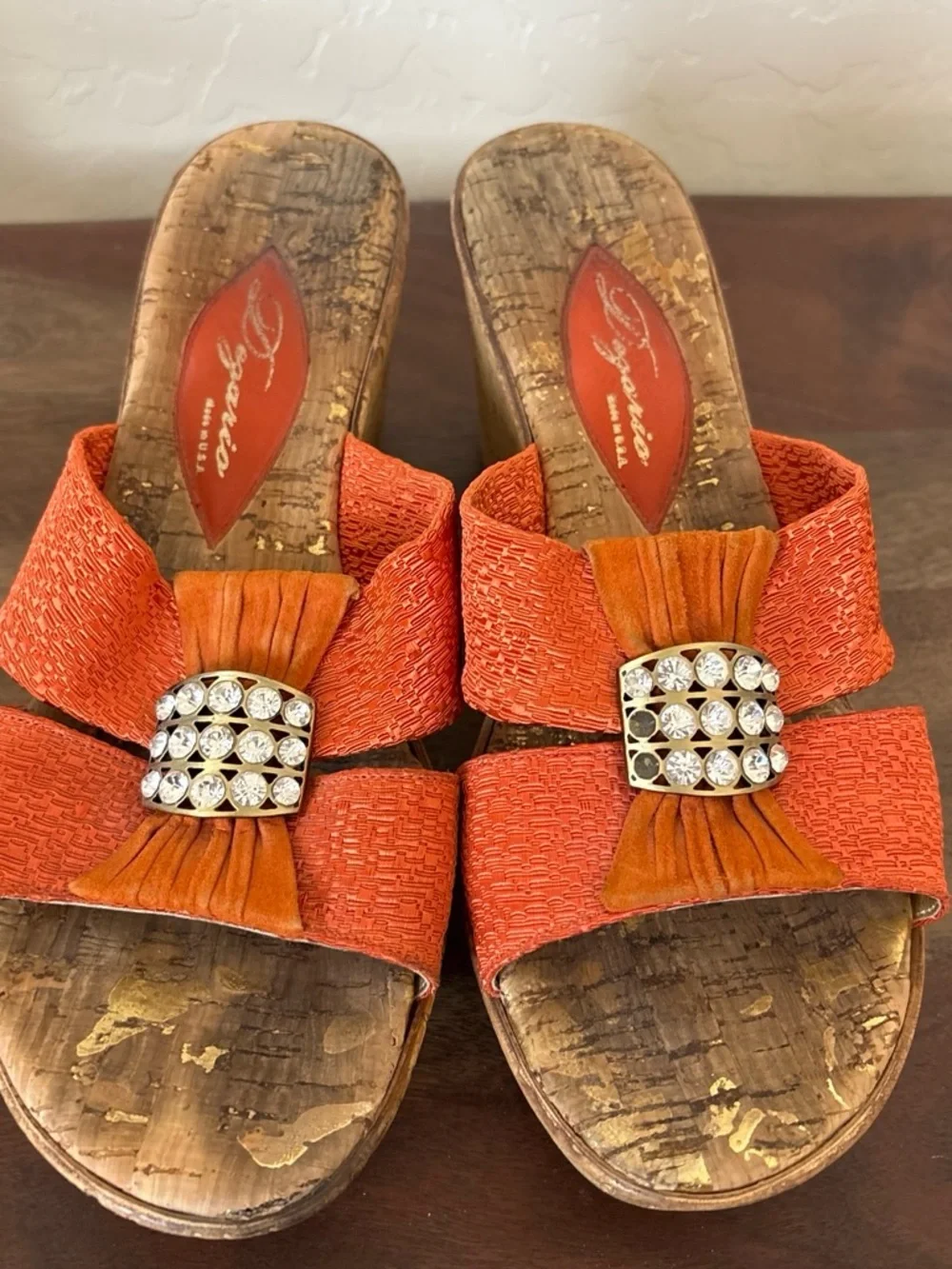 Vintage Degario Women's Orange Platform Wedge Slides with Rhinestone 8.5 USA